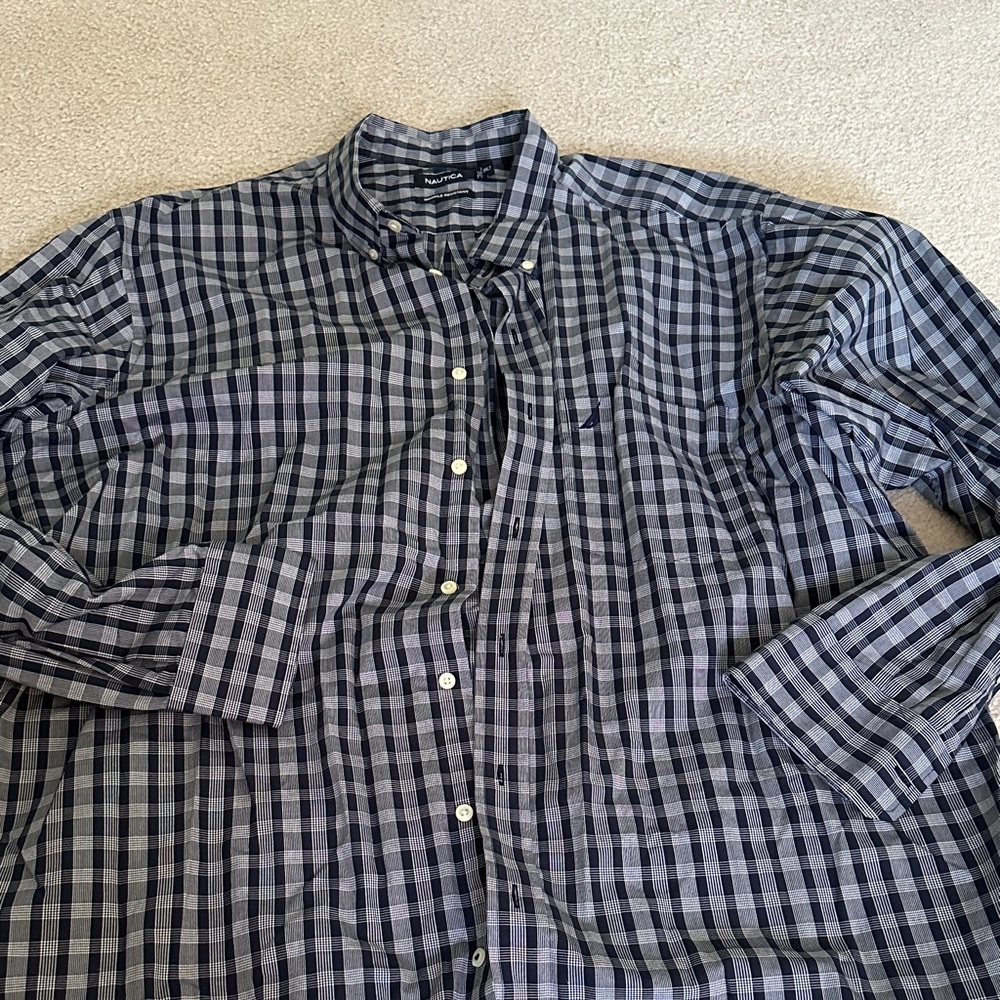 Nautica Navy and White Plaid Button Down Shirt